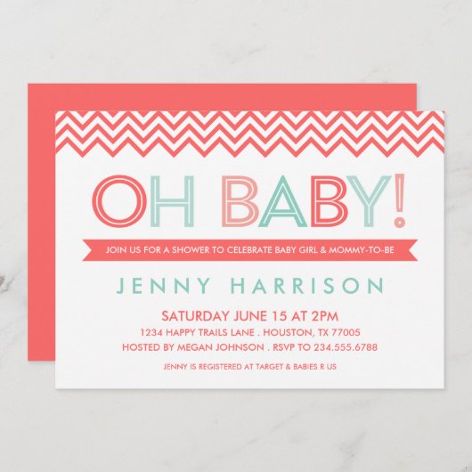 Coral and Mint Moderne Zickzack Babydusche Einladung (Vorne/Hinten)