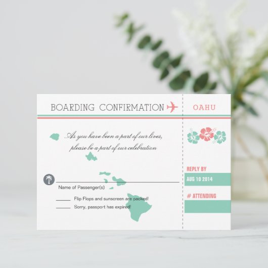 Coral and Mint OAHU Wedding RSVP Boarding Pass (Stehend Vorderseite)