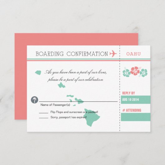 Coral and Mint OAHU Wedding RSVP Boarding Pass (Vorne/Hinten)