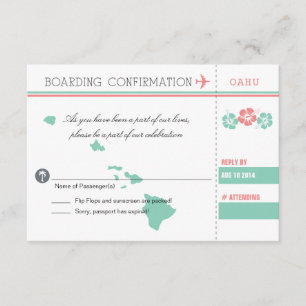 Coral and Mint OAHU Wedding RSVP Boarding Pass Karte