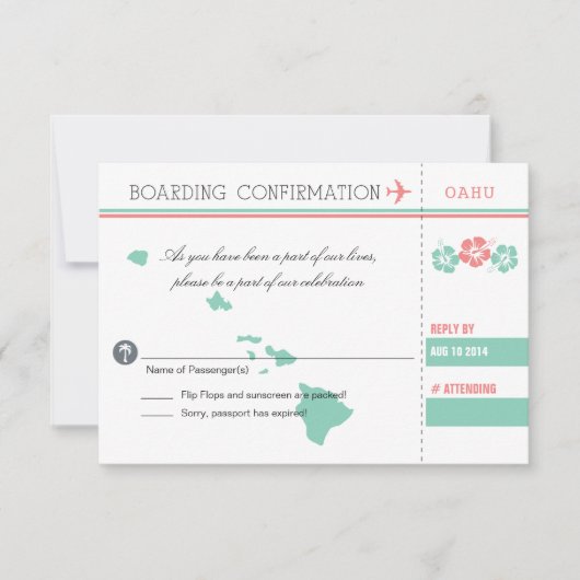 Coral and Mint OAHU Wedding RSVP Boarding Pass Karte (Vorderseite)