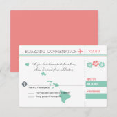 Coral and Mint OAHU Wedding RSVP Boarding Pass Karte (Vorne/Hinten)