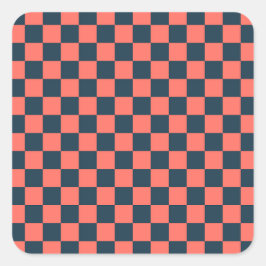 Coral and navy checkerboard pattern quadratischer aufkleber