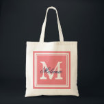 Coral and Navy monogram wedding party tote Bags Tragetasche<br><div class="desc">Custom coral and navy blue monogrammed wedding party tote Bags. Personalized name monogram tote bag Customizable color background. Elegant logo Design with letter initials and fancy border frame. Cute vintage gift idea for bride and brides umringt. Make your own for trendy bridesmaid, maid of honor, flower girls, mother of the...</div>