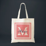 Coral and Navy monogram wedding party tote Bags Tragetasche<br><div class="desc">Custom coral and navy blue monogrammed wedding party tote Bags. Personalized name monogram tote bag Customizable color background. Elegant logo Design with letter initials and fancy border frame. Cute vintage gift idea for bride and brides umringt. Make your own for trendy bridesmaid, maid of honor, flower girls, mother of the...</div>