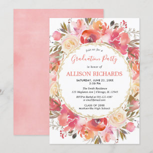 Coral and pink Floral Water Color Graduation Party Einladung
