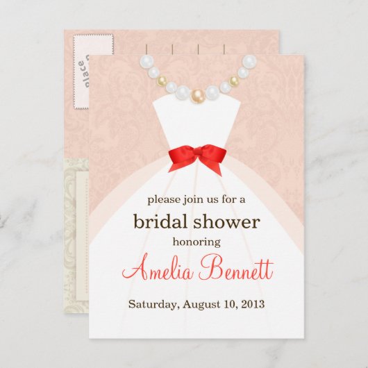 Coral and Taupe Damask Bridal Dusche Einladung (Vorne/Hinten)