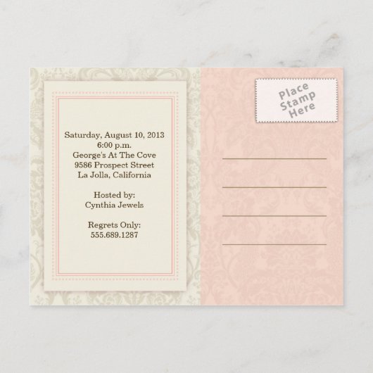 Coral and Taupe Damask Bridal Dusche Einladung (Rückseite)