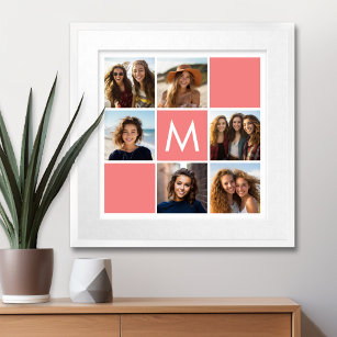 Coral and White Photo Collage Custom Monogram Poster