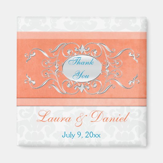 Coral, Aqua, and Gray Damask Wedding Favor Magnet (Vorne)