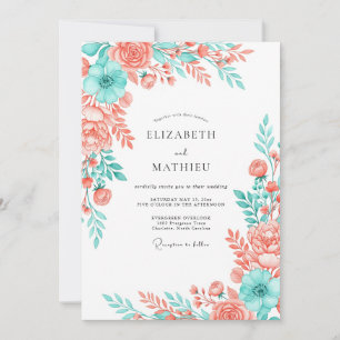 Coral Aqua Artistic Blossom Hochzeit Einladung