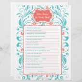 Coral Aqua Floral Brie Bestes Brautparty Spiel (Vorne/Hinten)