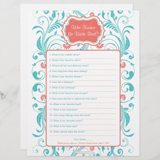 Coral Aqua Floral Brie Bestes Brautparty Spiel (Vorne/Hinten)
