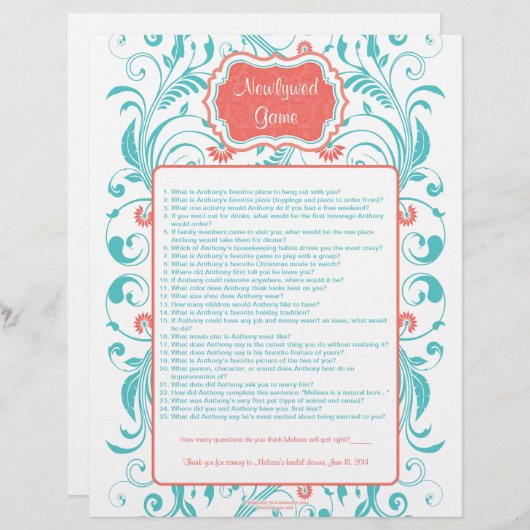 Coral Aqua Floral New Game Brautparty Game Game (Vorne/Hinten)