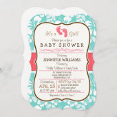 Coral, Aqua Tropical Baby Dusche Einladung (Vorne/Hinten)