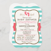 Coral, Aqua & White Stripes Babydusche Einladung (Vorne/Hinten)