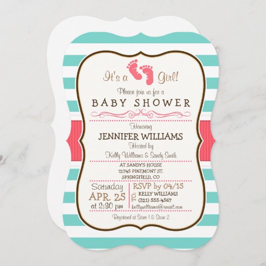 Coral, Aqua & White Stripes Babydusche Einladung (Vorne/Hinten)