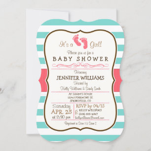 Coral, Aqua & White Stripes Babydusche Einladung