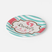 Coral, Aqua & White Stripes Babydusche Pappteller (Schrägansicht)