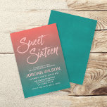 Coral & Aquamarin Gradient Sweet 16 Geburtstag Ein Einladung<br><div class="desc">Dieses stilvolle 16-fach-Einladungs-Set mit einem Korallenhintergrund und einem aquamarinen Farbverlauf, der in einem trendigen Schriftart mit Pinselskripten einen subtilen Grunge/witterten Look und das Wort "16 . Geburtstag" aufweist. Die Korallen und die aquamarinen Farbtöne laden zu einer Geburtstagsfeier im Sommer oder am Strand von 16 . Geburtstag ein. Personalisieren Sie diese...</div>
