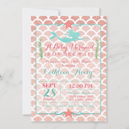 Coral & Aquamarin Mermaid Kinderdusche Einladung (Vorderseite)