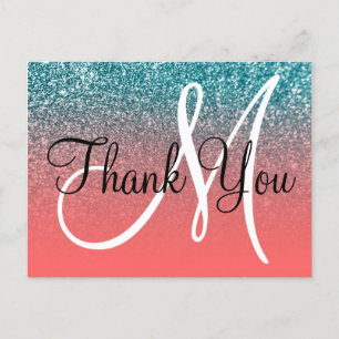 Coral Aquamarin Ombre Glitzer Monogram Vielen Dank Postkarte