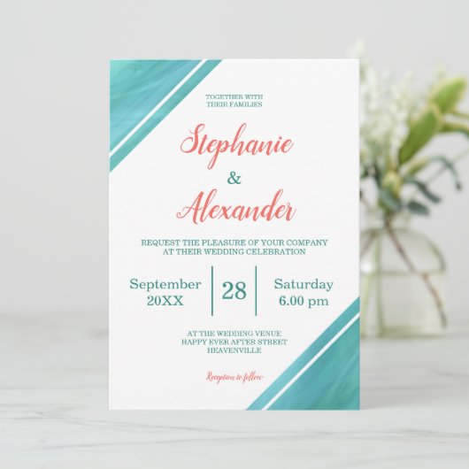 Coral Aquamarin Script Wedding Einladung (Stehend Vorderseite)