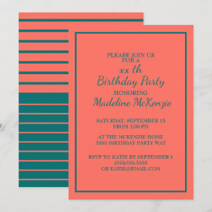 Coral Aquamarin Striped Geburtstagsparty Einladung