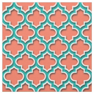 Coral Aquamarin White marokkanisches Quatrefolie # Stoff