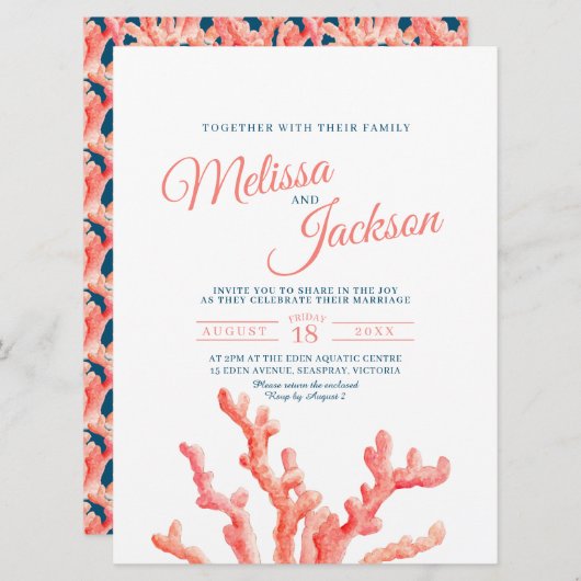 Coral Aquarell Art Malerei Marine blaue Hochzeit Einladung (Vorne/Hinten)