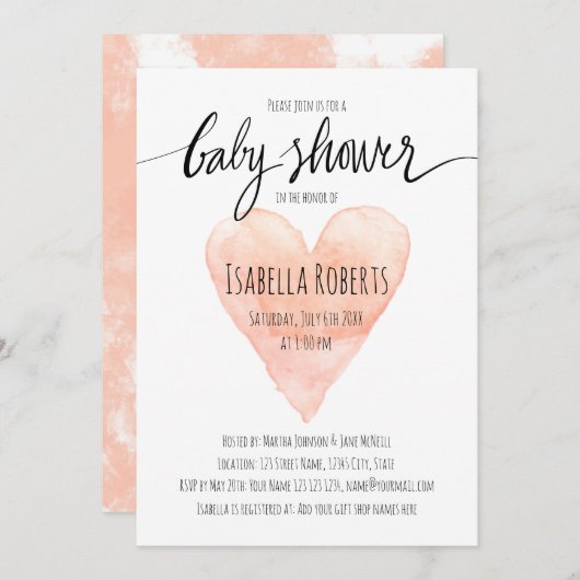 Coral Aquarell Typografie Babydusche Einladung (Vorne/Hinten)