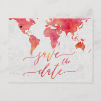Coral-Aquarell-Weltkarte Hochzeit Save the Date