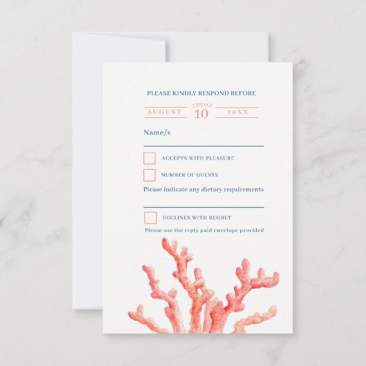 Coral Aquarellkunst Orangenblauer Ozean Hochzeit RSVP Karte (Rückseite)