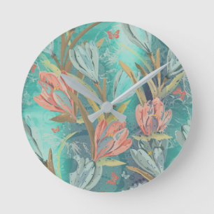 Coral Aquatic Teal Floral Coffe Blue Butterfly Runde Wanduhr