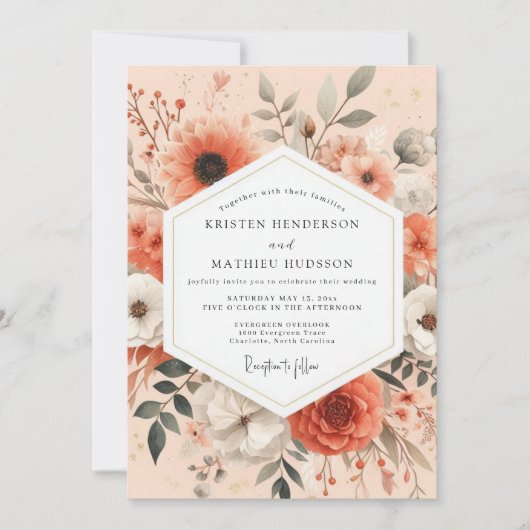 Coral Artistic Bloom Wedding Einladung (Vorderseite)