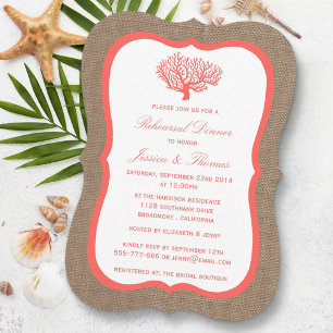 Coral auf Burlap Boho Beach Probe Dinner Einladung