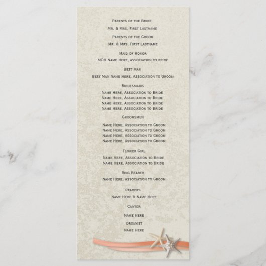Coral Beach Starfish and Ribbon Wedding Program Programm (Rückseite)