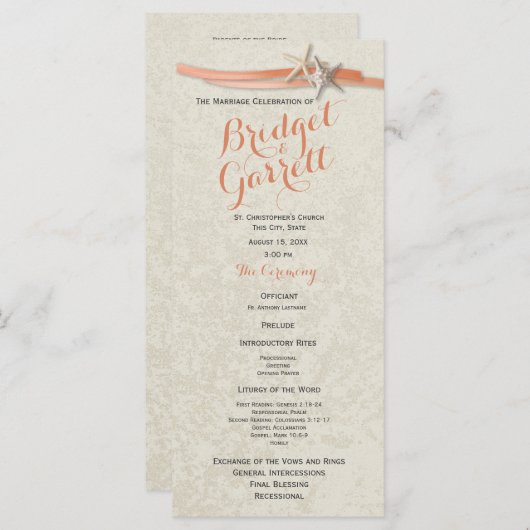 Coral Beach Starfish and Ribbon Wedding Program Programm (Vorne/Hinten)