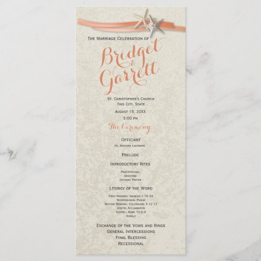 Coral Beach Starfish and Ribbon Wedding Program Programm (Vorderseite)