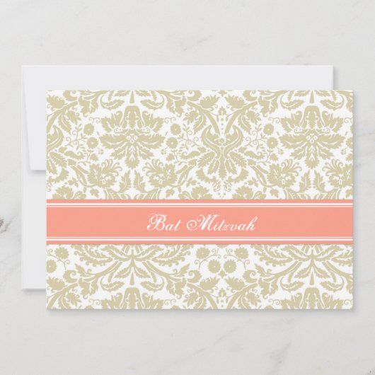 Coral Beige Damask Bat Mitzvah Einladungen (Vorderseite)