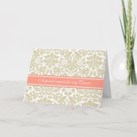 Coral Beige Damask Cousin Bridesmaid Einladung (Vorderseite)