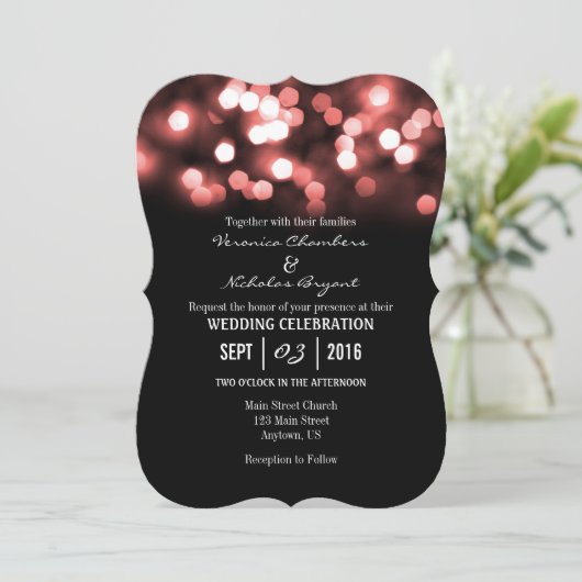 Coral Black Bokeh Glitzer Lights Hochzeiten Einlad Einladung (Stehend Vorderseite)