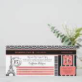 Coral Black Damask Quinceanera Paris Boarding Pass Einladung (Stehend Vorderseite)