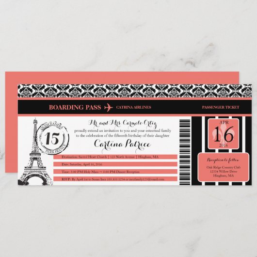 Coral Black Damask Quinceanera Paris Boarding Pass Einladung (Vorne/Hinten)