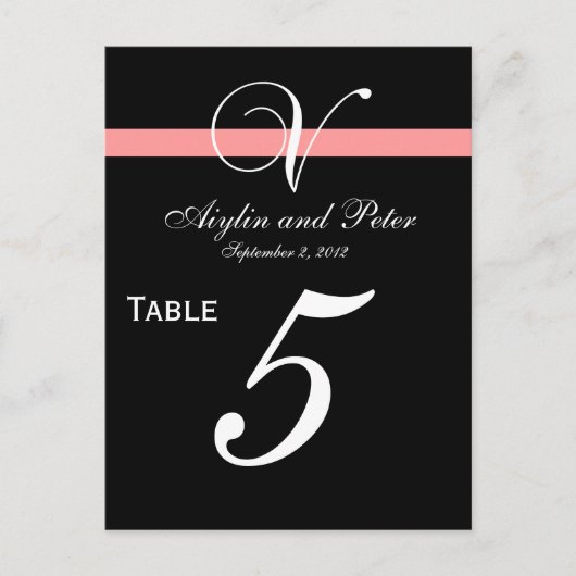 Coral Black Initial V Wedding Tischnummer Cards (Vorderseite)
