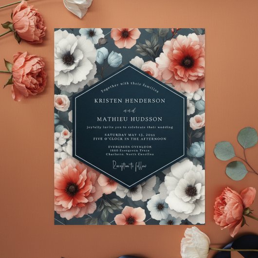Coral Bloom Moody Romance Wedding Einladung