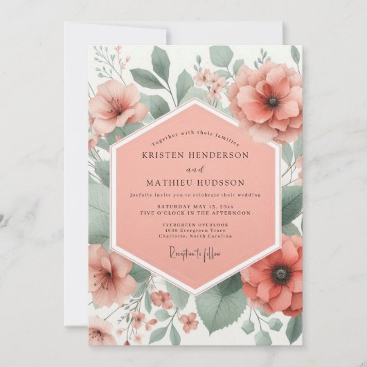 Coral Bloom Whimsical Wedding Einladung (Vorderseite)
