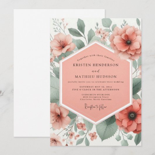 Coral Bloom Whimsical Wedding Einladung (Vorne/Hinten)