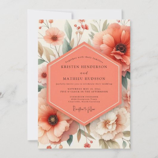 Coral Blossom Romance Wedding Einladung (Vorderseite)