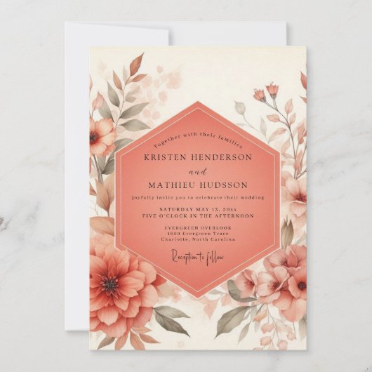 Coral Blossom Rustic Wedding Einladung (Vorderseite)